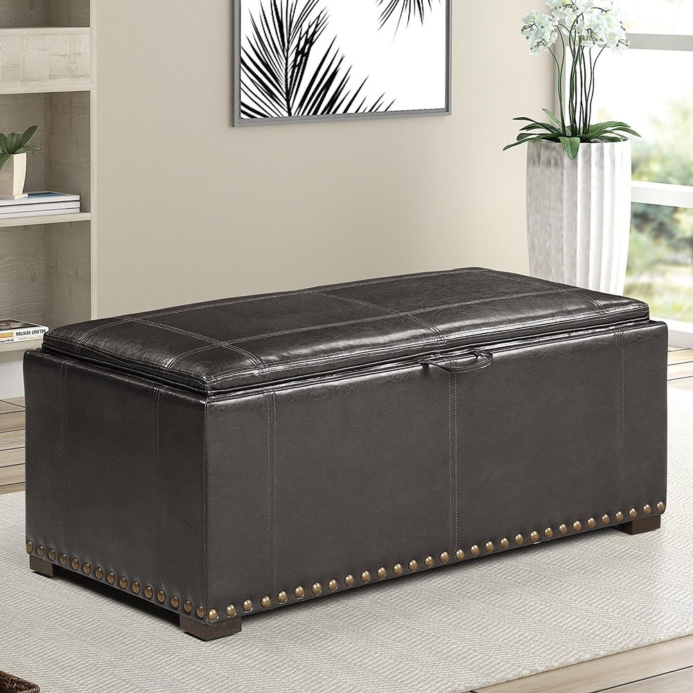 Leather Storage Bench with 2 Side Ottomans Convertible Table Black