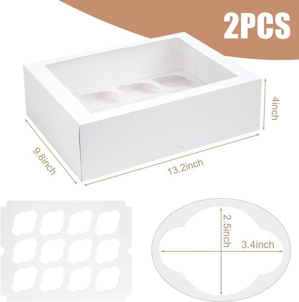 VGOODALL 2PCS White Cupcake Container, 12 Count with Window Boxes White-3
