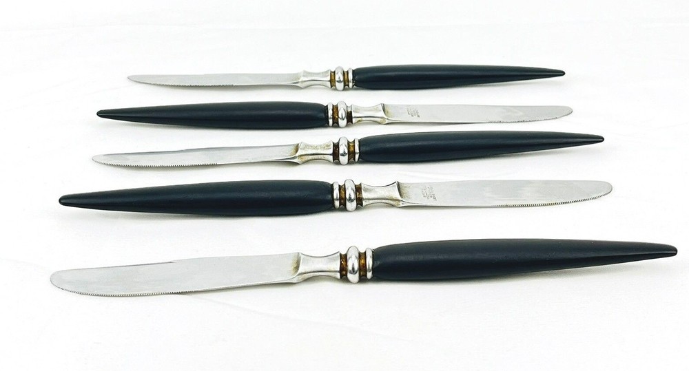 VTG Mid Century Guildcraft Forged Stainless Black Handle Pattern SS Flatware Set