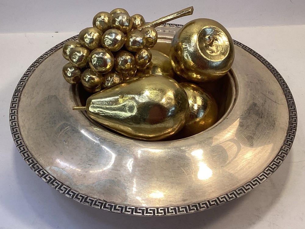 Wm Rogers Silver plate Compote Bowl 6984 6.5" Opening, Greek Key/ Gold Fruit
