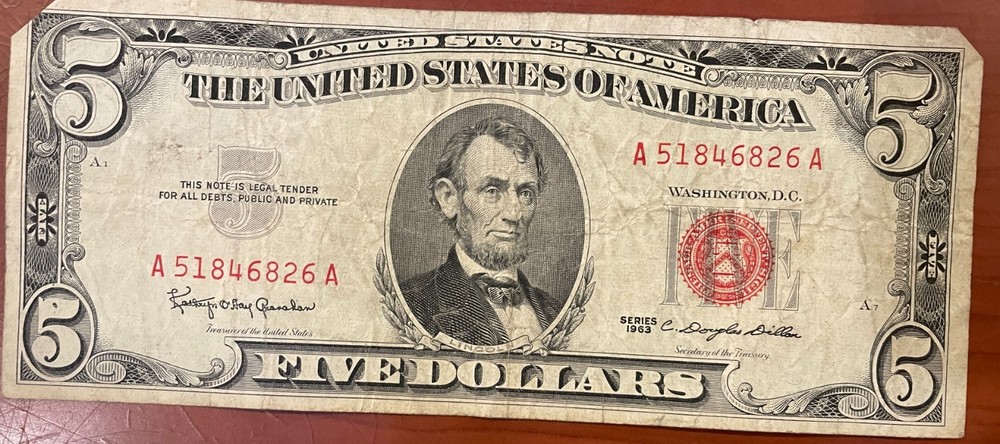 FIVE!~~~1963 Red Seal $2 Dollar Bills Circulated
