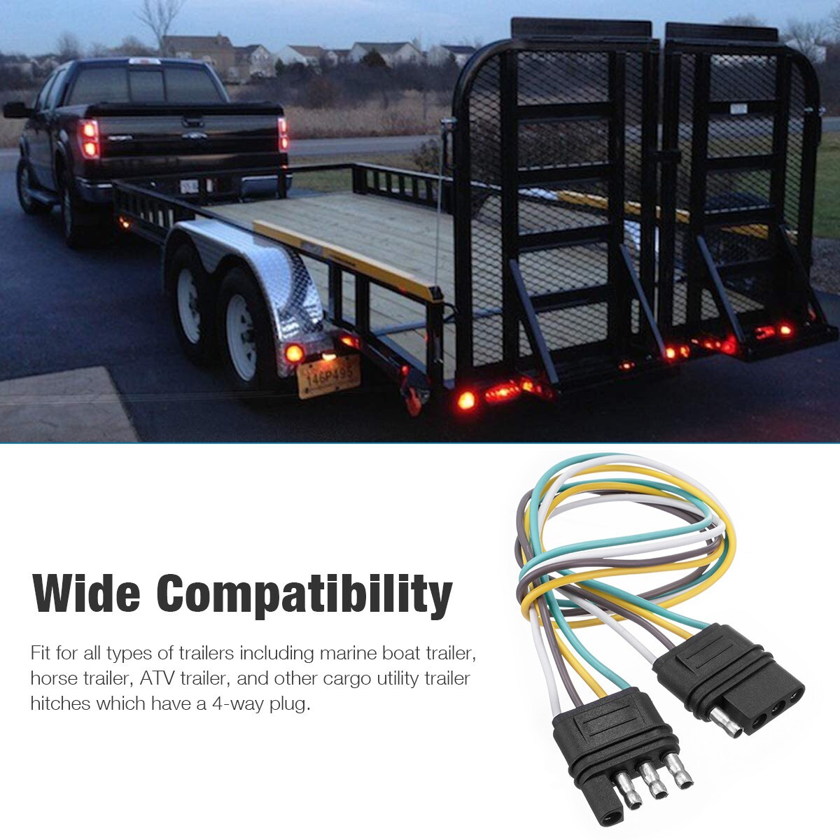 2X 4-Pin Plug Trailer Light Wiring Harness Extension 18 AWG Flat Wire Connector