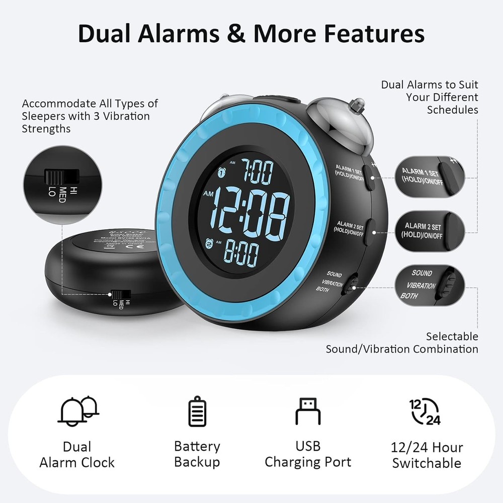 USB Alarm Clock with Bed Shaker - Customizable Brightness & Snooze Function