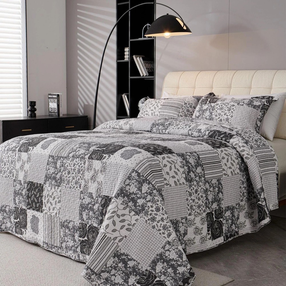 King Quilt Bedding Set Patchwork 100% Cotton Bedspread Coverlet Lightweight Gray