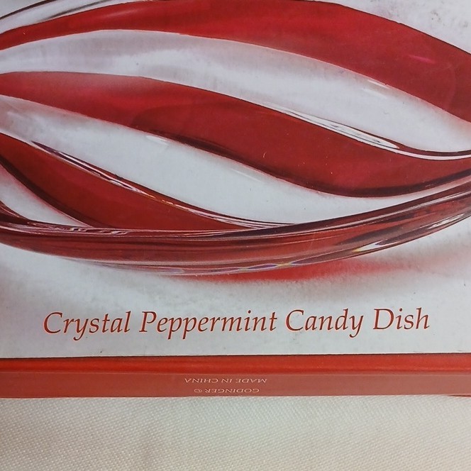 Godinger Holiday Collection Crystal Oval Candy Dish Red Clear Peppermint Pattern