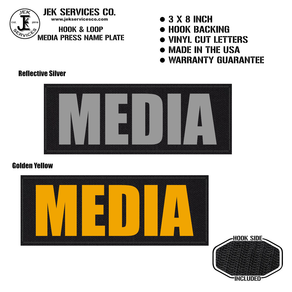 Media Press Name Plate, Vinyl Cut Letters - 3x8" Hook Loop Identification Patch