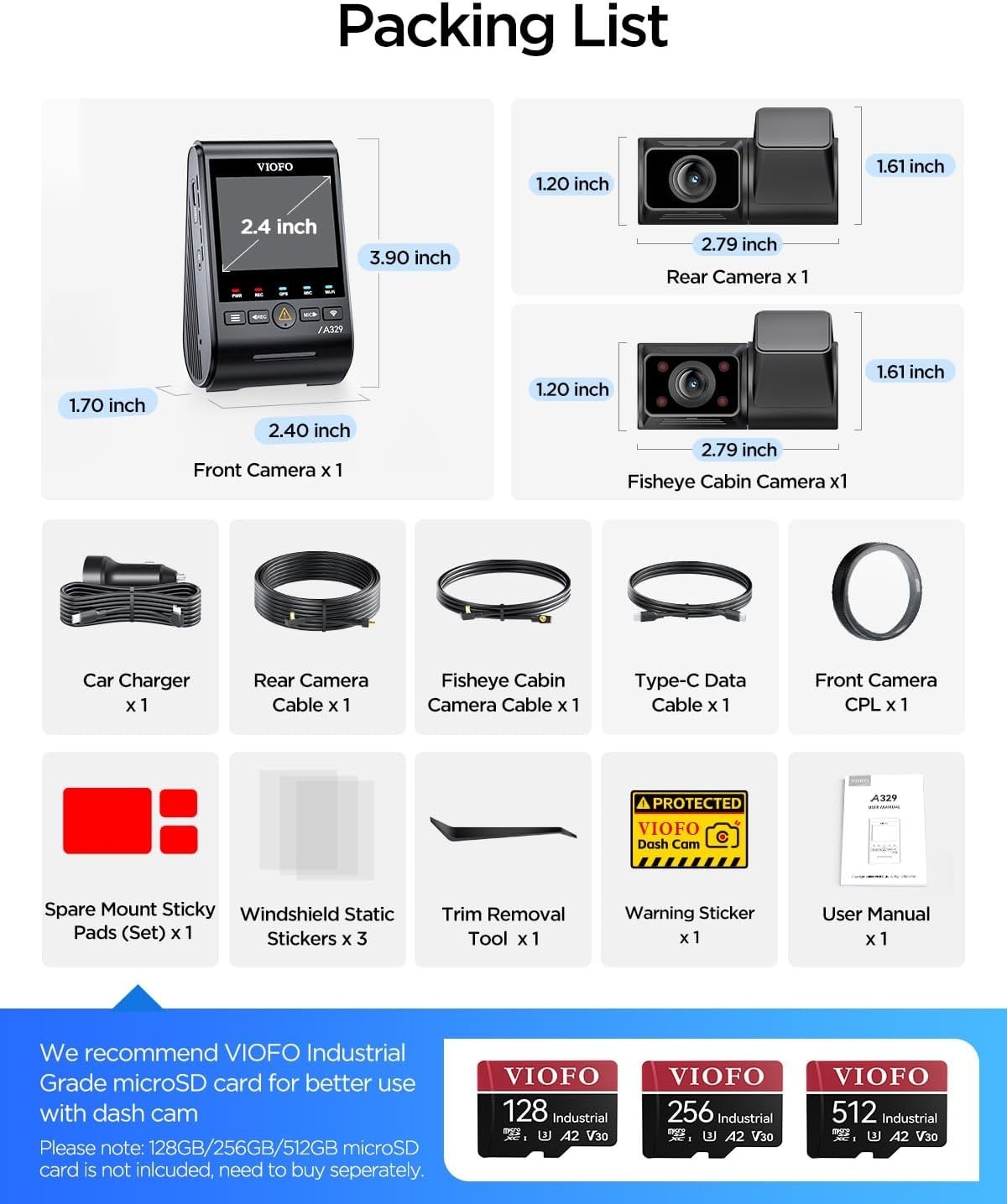 Viofo A329S 4K 3 Channel Dash Cam 4K Front + 2K Cabin Fisheye (210°) + 2K Rear