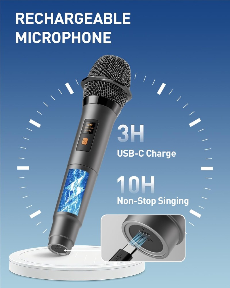 Karaoke Machine with 2 Wireless Rechargeable Microphones: Portable Bluetooth
