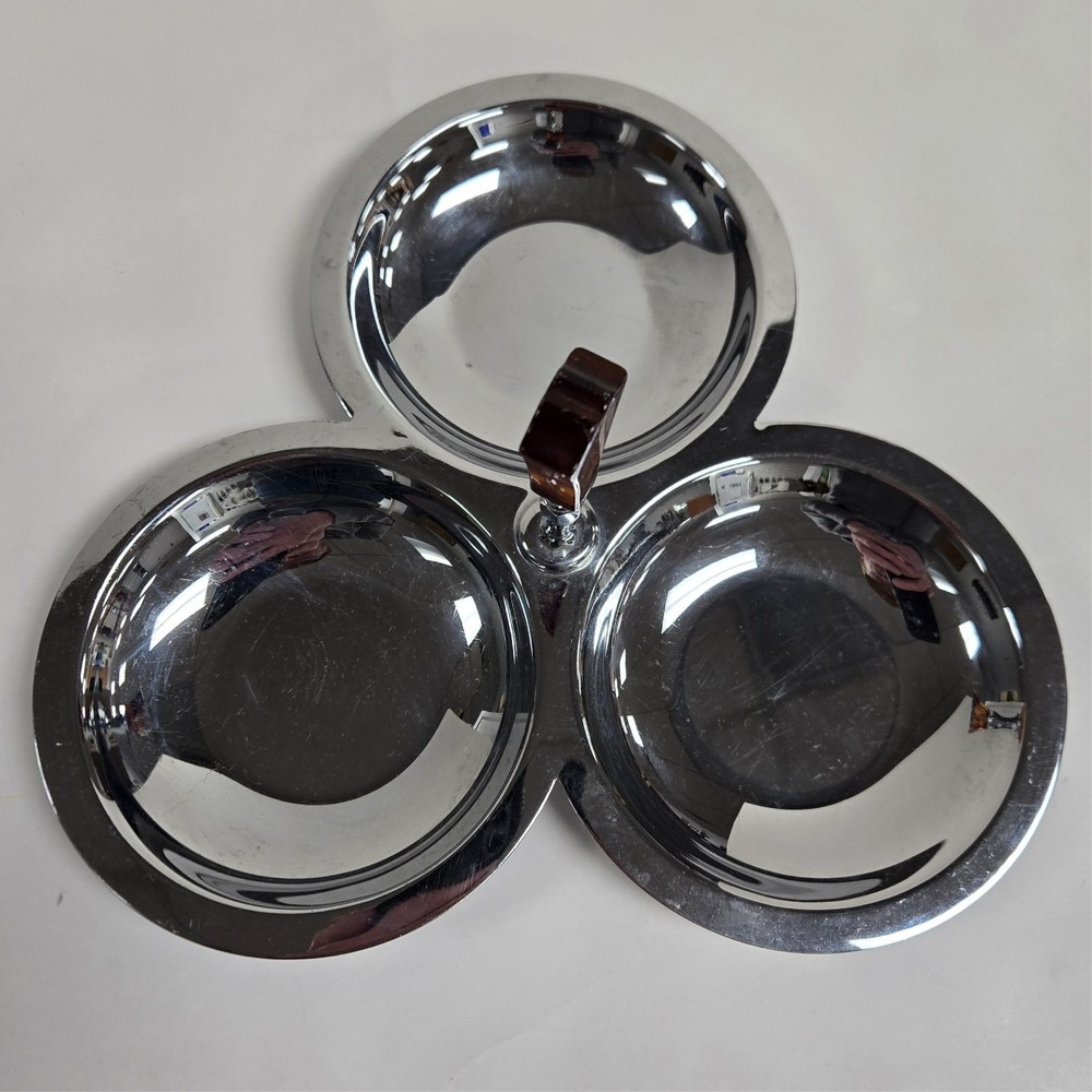 MCM Bakelite ~ Brown Marbled Handle ~ Chrome 3 Section Candy Trinket Dish