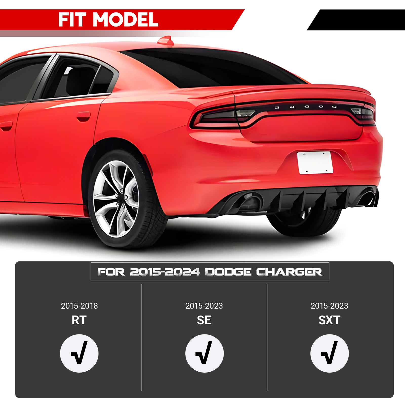 Rear Bumper Diffuser Lip Gloss Black For 2015-2023 Dodge Charger R/T SE SXT