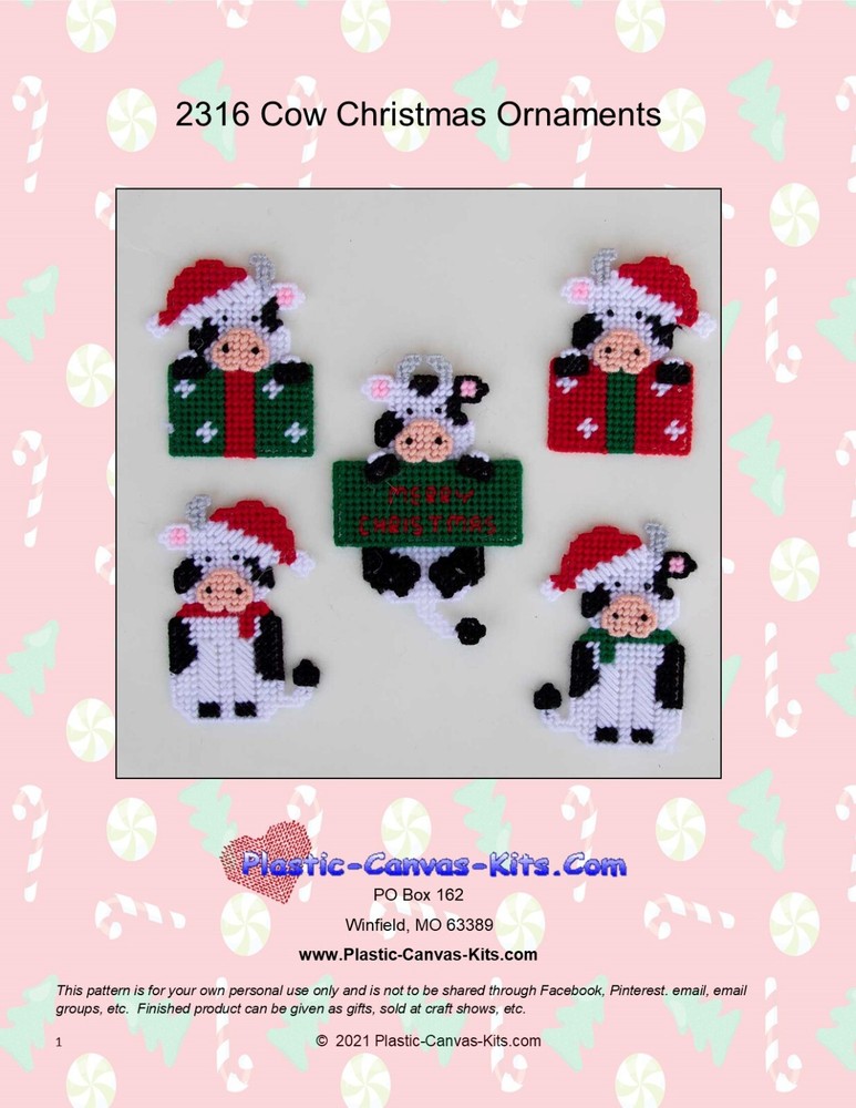 Cow Christmas Ornaments- Plastic Canvas Pattern or Kit