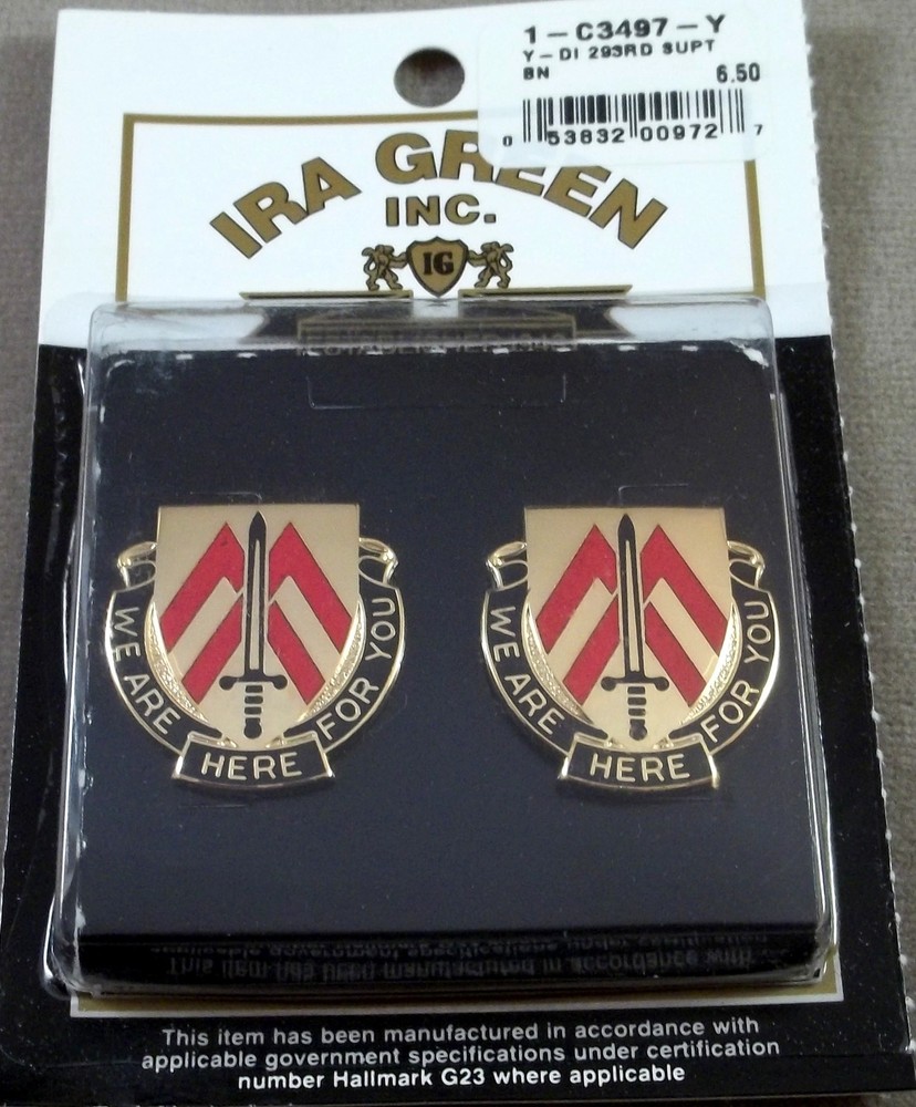 US Army 293rd Support Battalion Unit Crest Insignia - New Pair