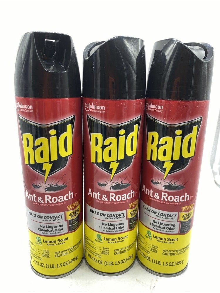(3) Raid Ant Roach Killer Lemon Scent 17.5 oz Attack Control Prevent Bugs
