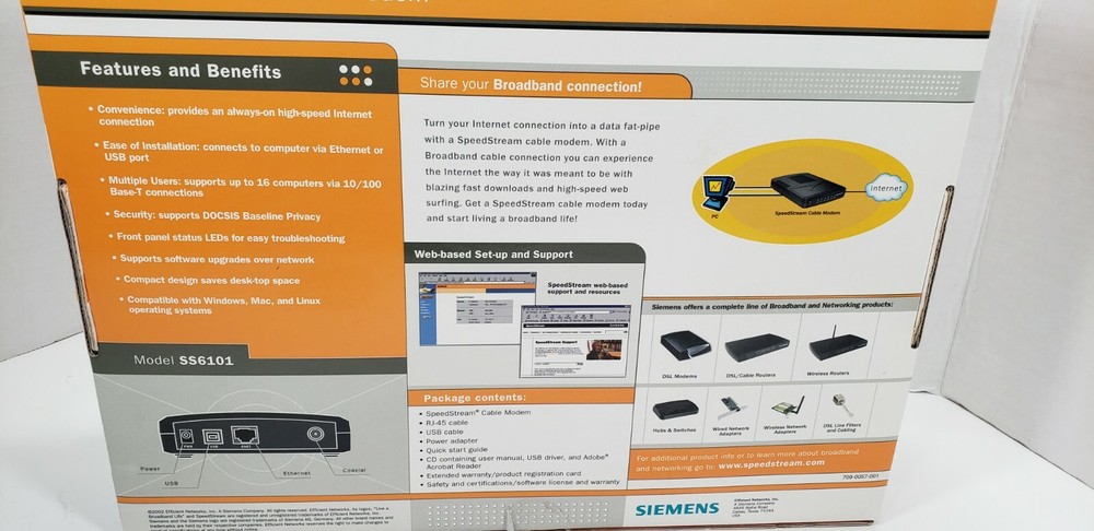 Siemens SpeedStream Cable Modem. Ethernet/ USB Compatible. Model No. SS6101