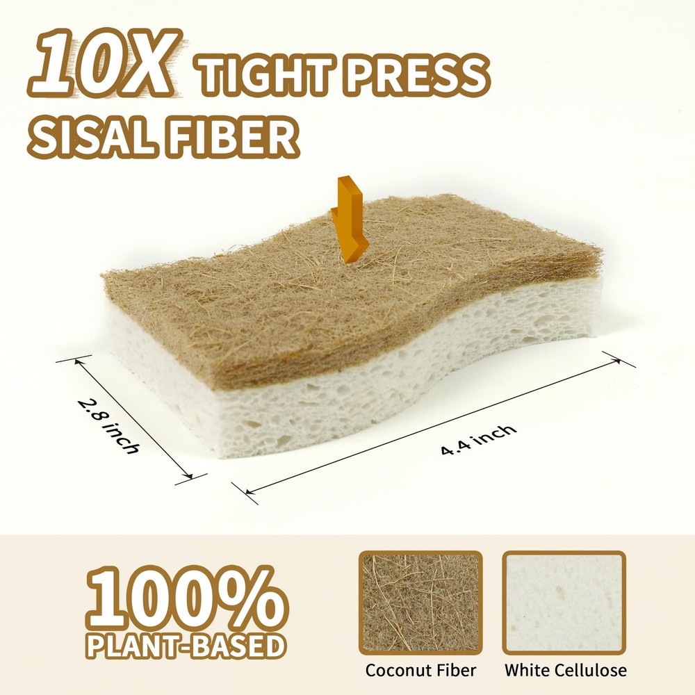12 Pack Natural Kitchen Sponges, Biodegradable & Compostable | Non-Scratch Ce...