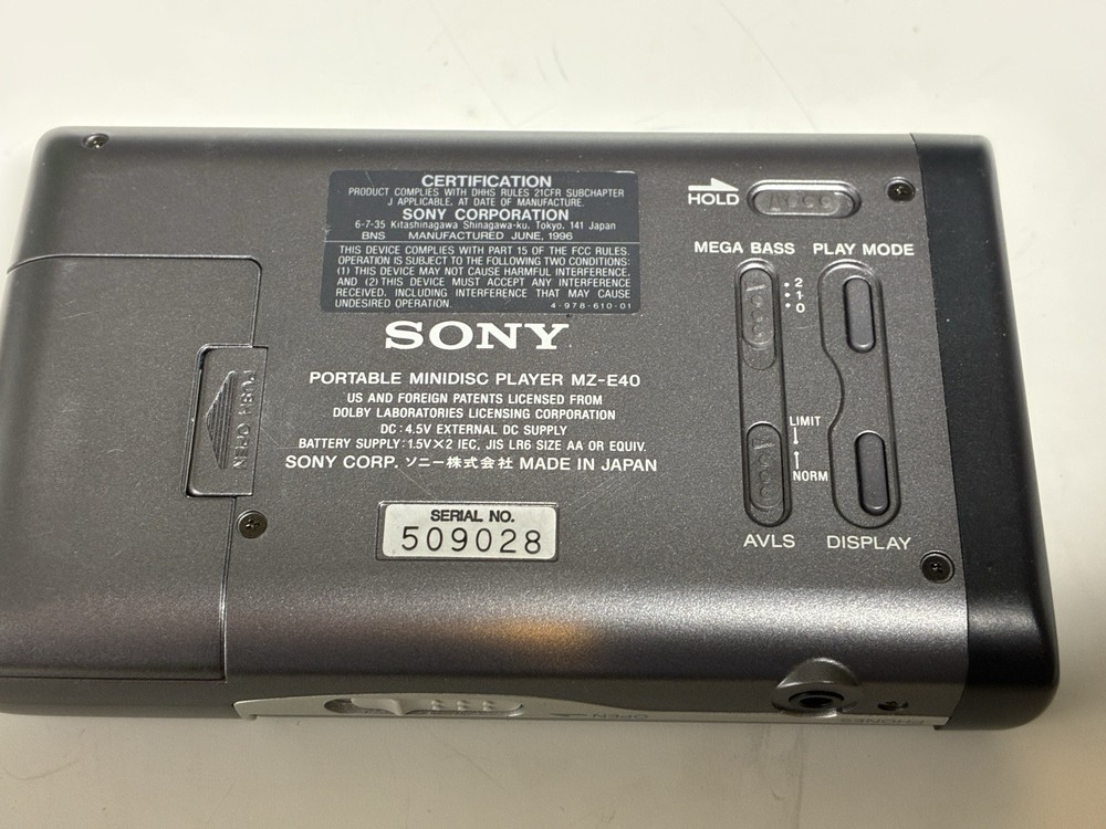 Sony Mz-40 Mini-disk Player Operation Confirmed -including One Used Disk