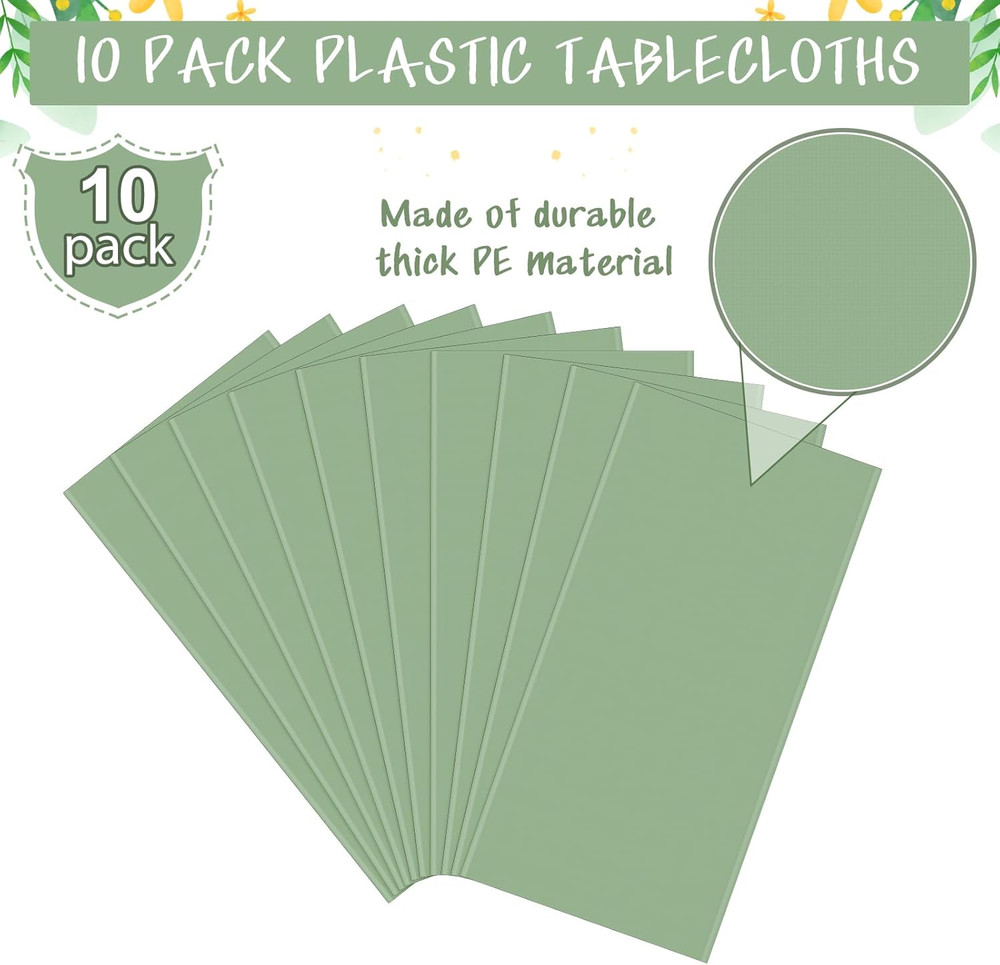 10Pack Sage Green Plastic Tablecloths for Rectangle Tables, Light Green Disposab