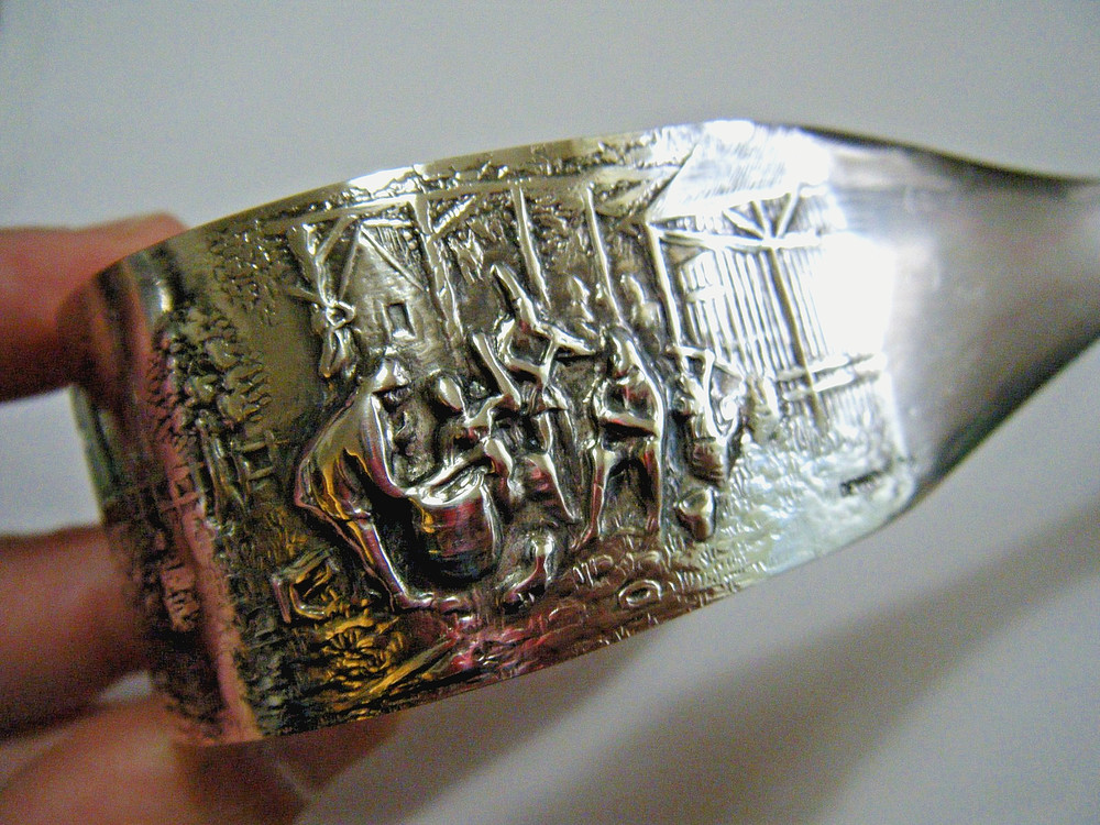 7" Large Vintage Hans Jensen Denmark Silver Plate Repousse Tavern Scene Tongs