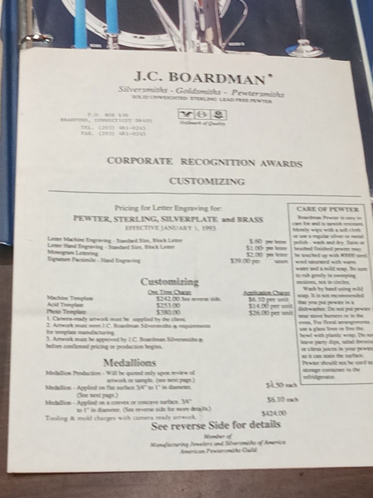 1979 J.C. Boardman Silver Pewter Dealer Catalog Binder Sterling Hollowware