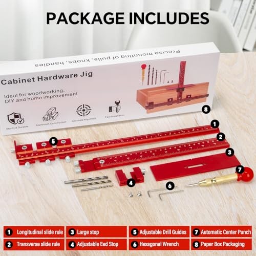 Aluminum Cabinet Hardware Jig Tool for Handles Pulls Knobs, Aluminum-Red