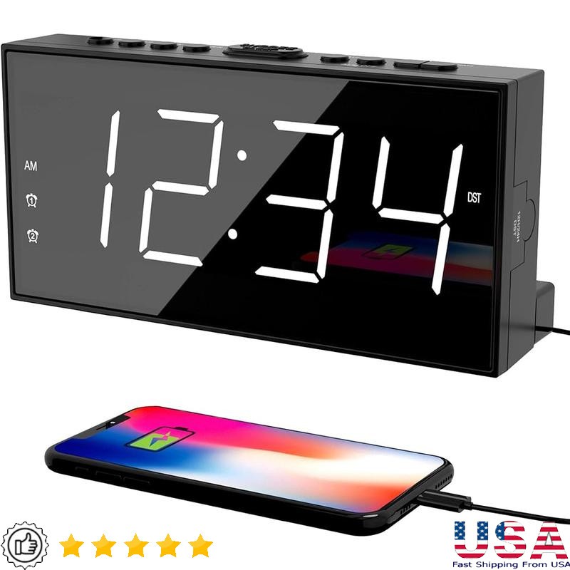 Loud Dual Alarm Clock W/ Large LCD Display USB Charging Dimmable Snooze Function