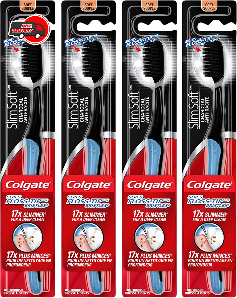 Colgate Slimsoft Floss-Tip Charcoal Toothbrush, Soft (4 Count)