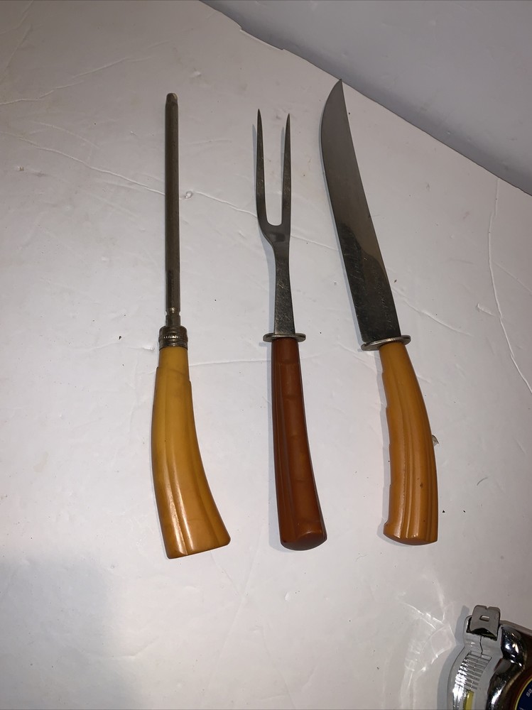 Vintage Bakelite Butterscotch 3 Pc Carving Set