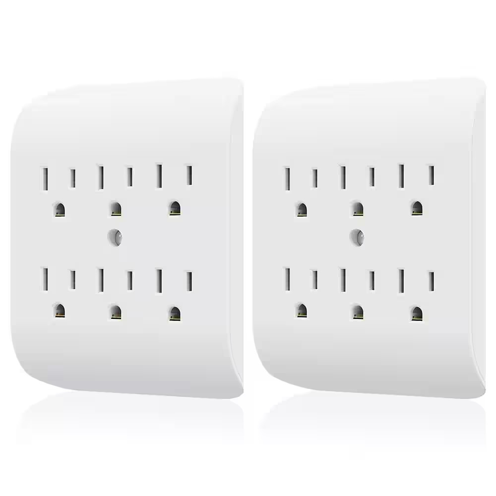 15Amp 125-Volt 6-Outlet Grounded Adapter Plug, White (2 Pack)