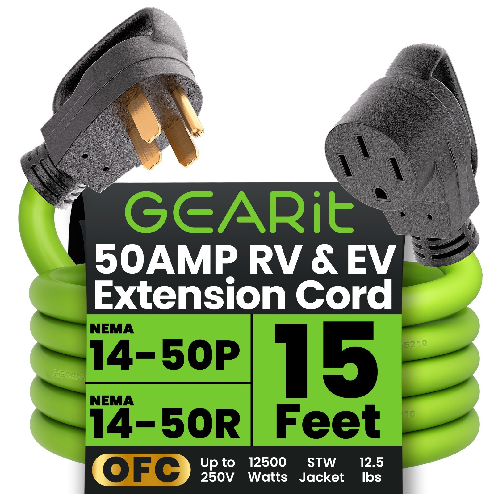 50 Amp 15 Foot RV/EV Extension Cord NEMA 14-50P/R Heavy Duty Extension Opened Bx