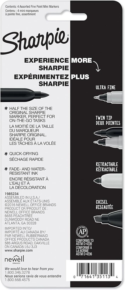 Sharpie Mini Permanent Markers, Fine Point, Assorted Colors, 4 Count - 35113PP