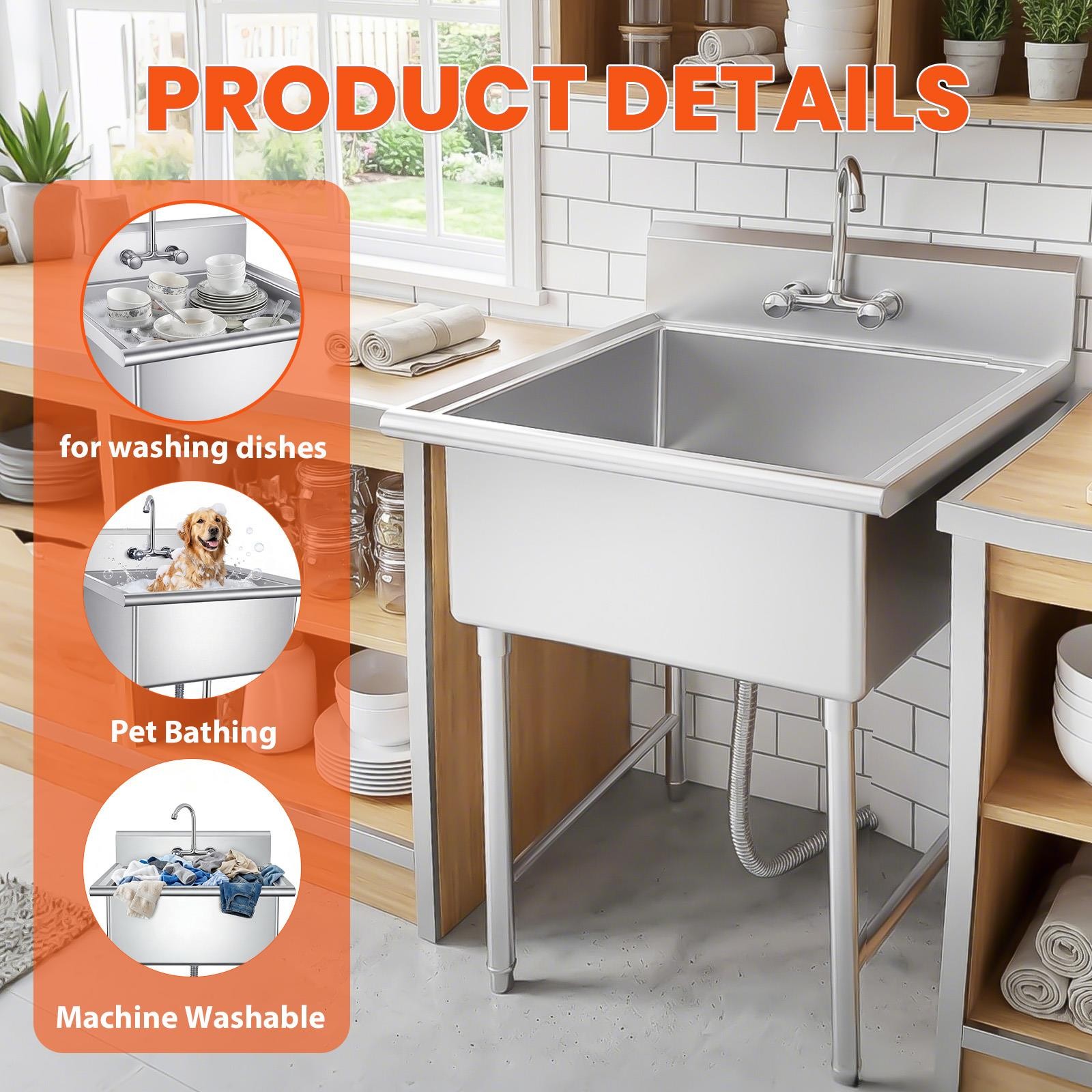 Commercial Stainless Steel Utility Sink Kitchen Wash Tub 27.56" × 11.9" × 27"