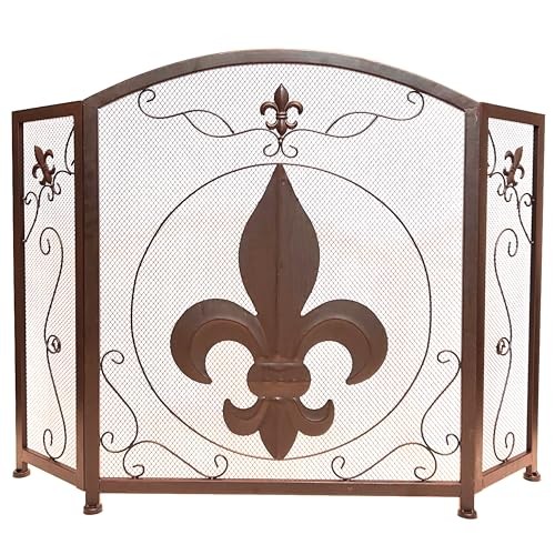 3-Panel Fireplace Screen Decorative with Fleur De Lis Design, Classic Dark