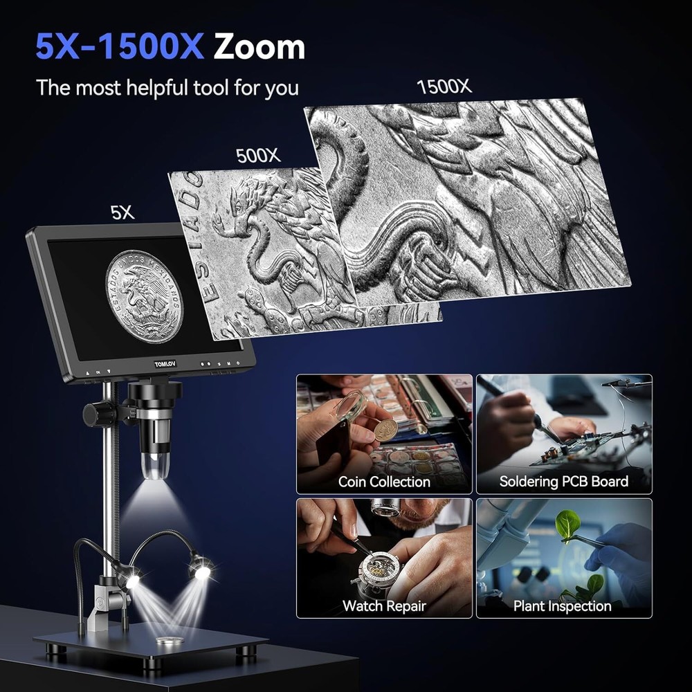 TOMLOV 1500X Digital Microscope 20MP Soldering Coin Microscope for Collection