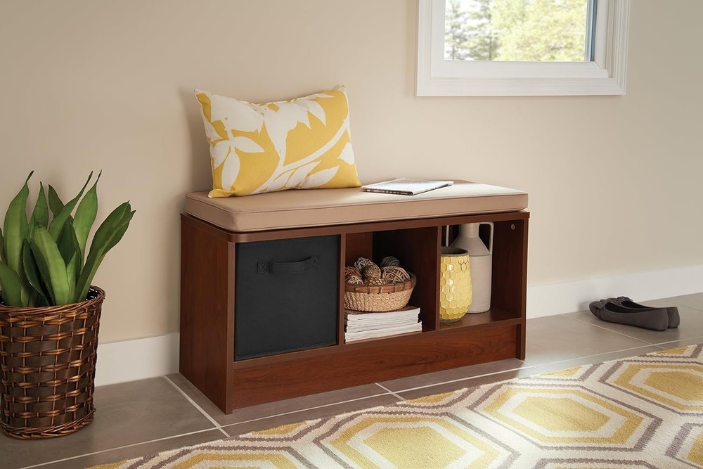 Functional 3-Cube Storage Bench in Dark Cherry with Tan Cushion - Easy Assembly