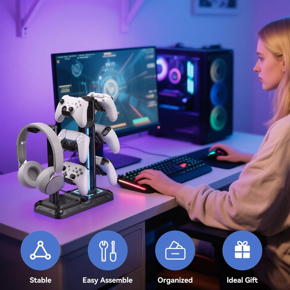 RGB Multi-Controller Holder with 9 Light Modes - Rotatable Universal Headphon