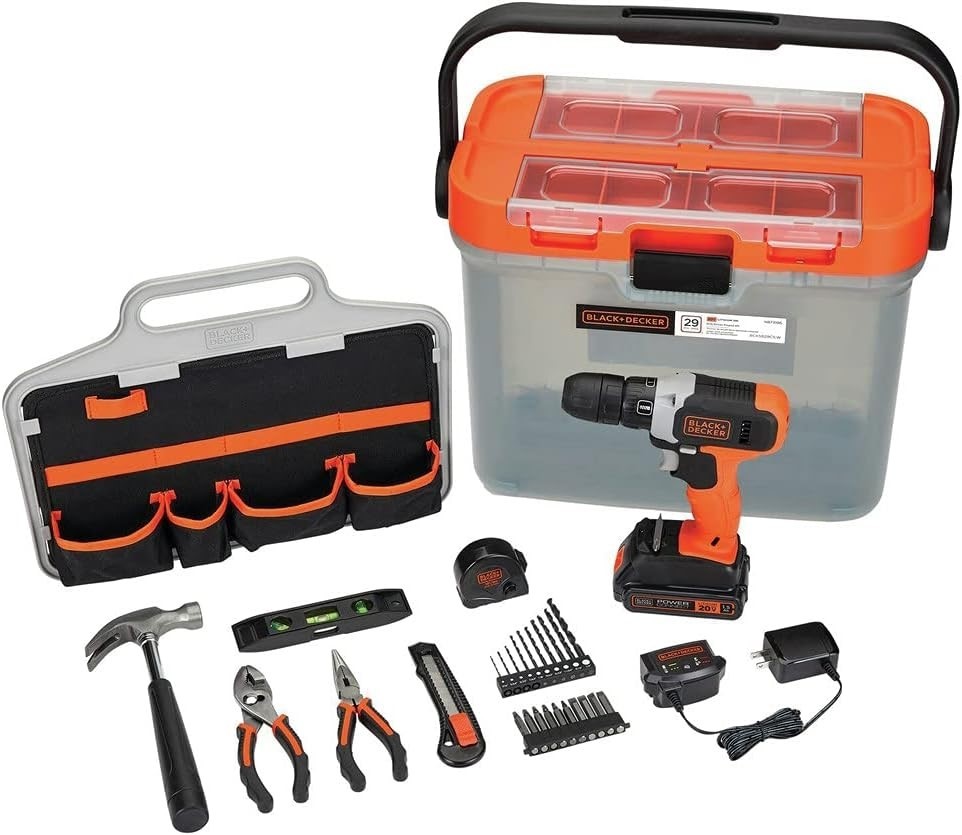 BLACK+DECKER 20V MAX* Cordless Drill + 28 Pc Project Kit & Tool Box - BCKSB29C1