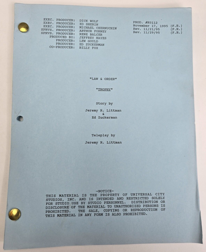 LAW & ORDER / Ed Zuckerman 1995 TV Script, Laila Robins, David Garrison "Trophy"