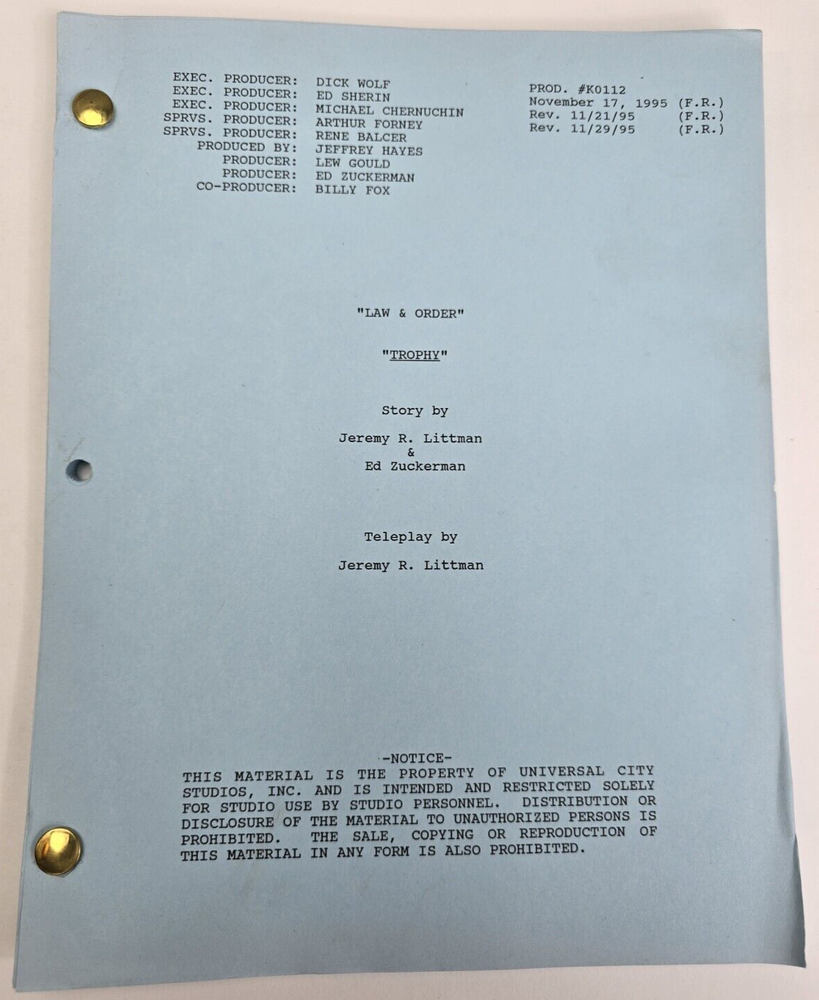 LAW & ORDER / Ed Zuckerman 1995 TV Script, Laila Robins, David Garrison "Trophy"
