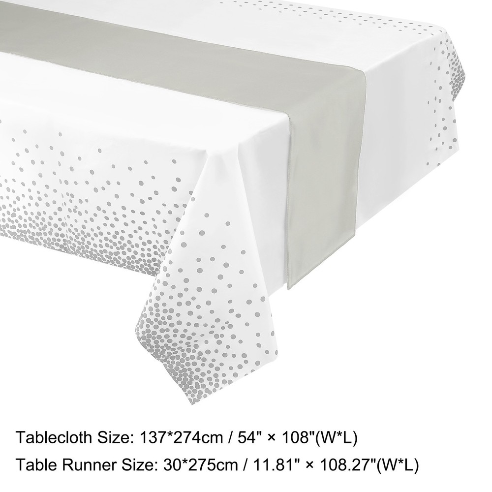 Silver Table Runner w White Plastic Tablecloth 54x108" Silver Dots 1Set