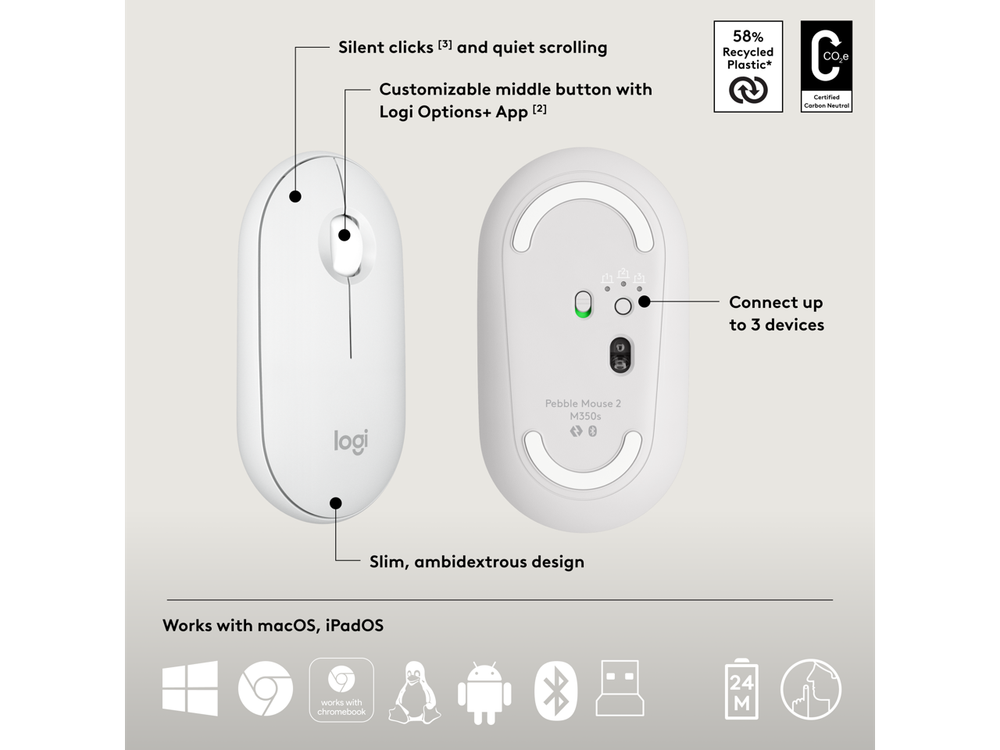 Logitech Pebble 2 Combo Wireless Quiet Keyboard and Mouse, Customisable, Logi Bo