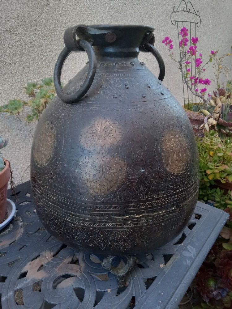 Antique Middle Eastern Etched Bronze Large Water Jug