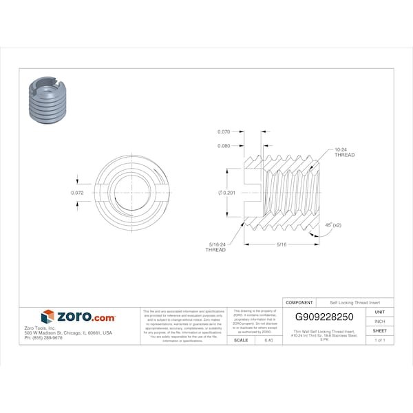 Thin Wall Self Locking Thread Insert, No. 10-24 Int Thrd Sz, 18-8 Stainless