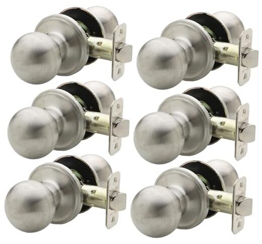 Ball Door Knob - Non-Locking Keyless 6 Pack Satin Stainless Passage Function
