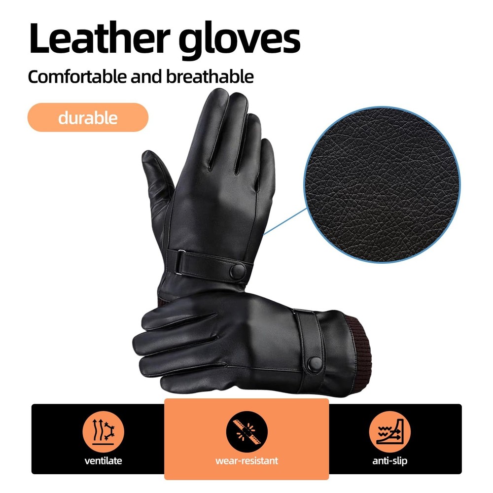 POONWEI Men's Black Leather Winter Gloves, Adjustable Size, Adjustable,