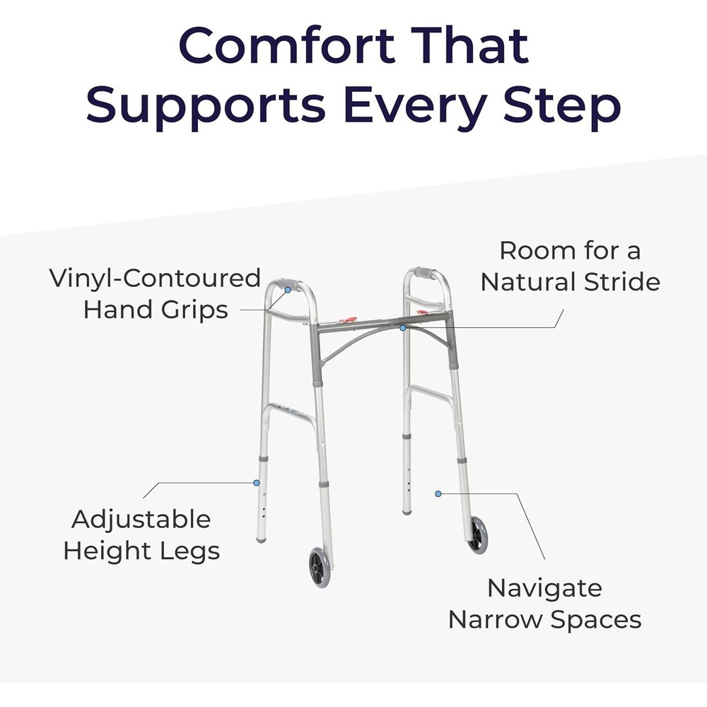 Drive Medical Two-Button Folding Walker w Wheels Lightweight Rolling Mobility