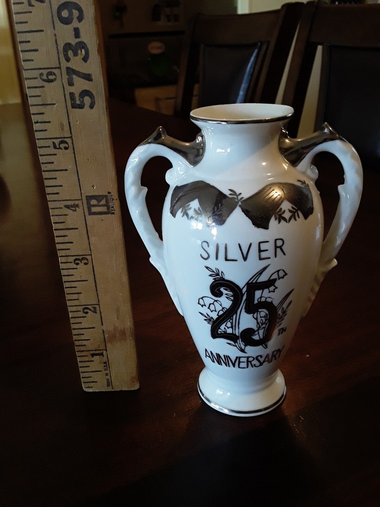 Norcrest Fine China Silver 25th Anniversary Two Handled Small Vase