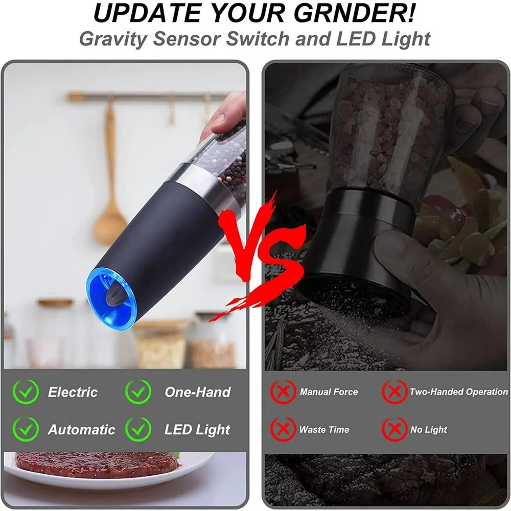 2Pcs Electric Salt and Pepper Grinder Set, Gravity Sensor, Automatic Pepper Mill