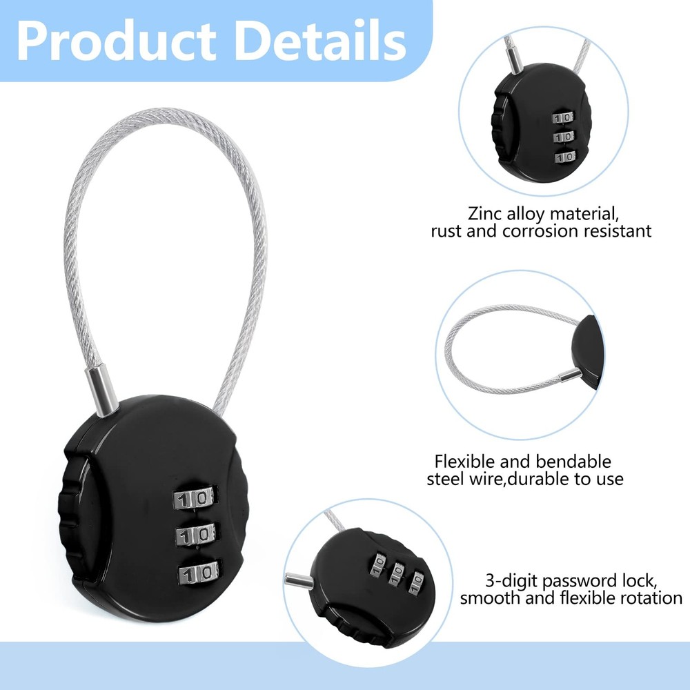8 Pack Combination Wire Lock 3 Digit Small Combo Luggage Number Cable Padlock...