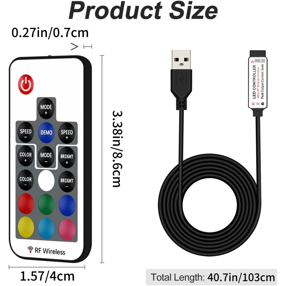 RGB Led Light Strip Controller 17 Key RF Wireless Remote DC 5V USB Connector