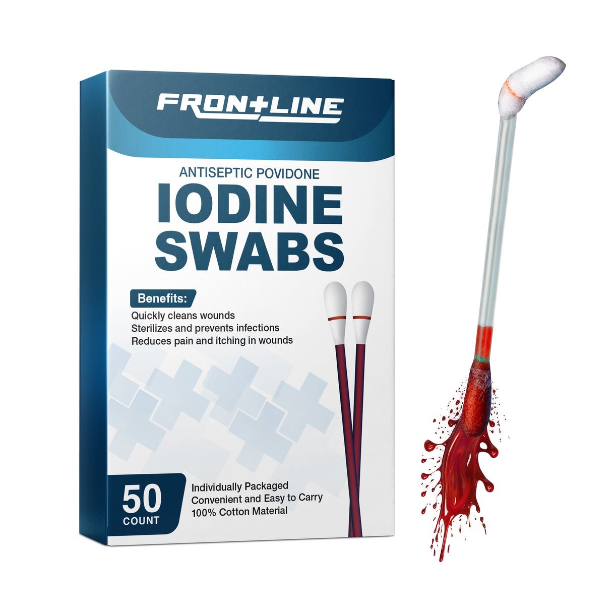100 Pack Frontline Iodine Swabs Antiseptic Povidone Wound Cleaning Cotton Swabs